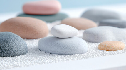 Smooth pebbles of various colors and sizes are artistically arranged on white sand, creating a tranquil setting that evokes relaxation and peace