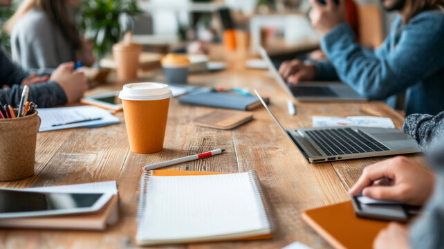 collaborative workspace with coffee cups, laptops, and notebooks, showcasing productive atmosphere. People are engaged in discussions and work, creating vibrant environment