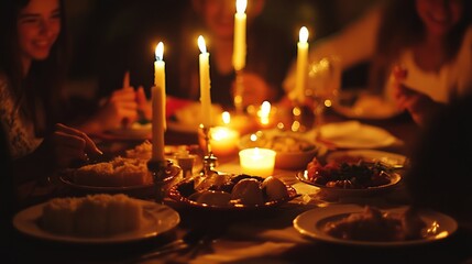 A cozy dinner scene featuring a diverse group of six adults gathered around a table adorned with food and candles.