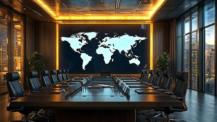 Modern conference room with a world map backdrop and city skyline at night