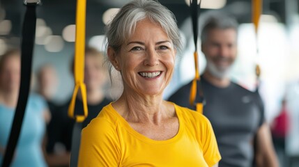 Smiling Woman Thriving Post Menopausal Fitness In Yellow Shirt With Group, Suspension Equipment Positive Environment For Long Term Health And Fitness