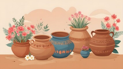 Fototapeta premium Pohela Boishakh Celebration with Traditional Clay Pots and Flowers