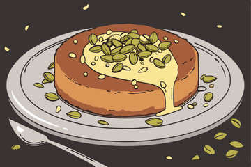 6 Middle Eastern dessert, kunefe, round pastry, green pistachio topping, melted cheese center, silver platter, honey syrup, pistachios scattered, matcha powder, dark moody background, food photography