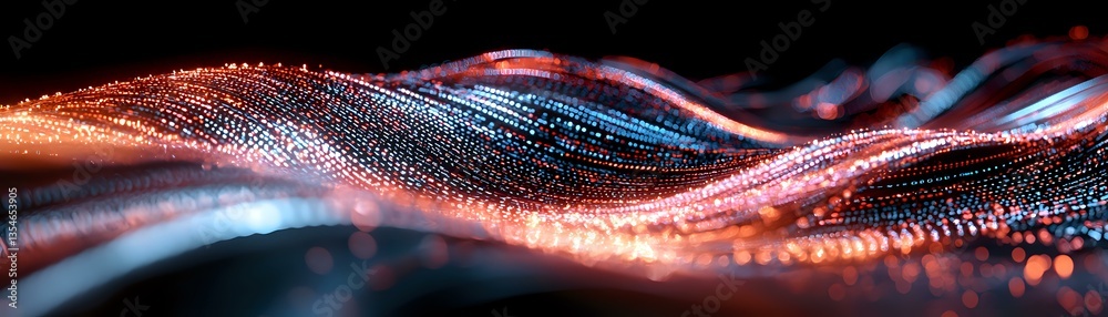 Poster abstract glowing red and blue wave pattern with shimmering particles flowing in dark space, creating