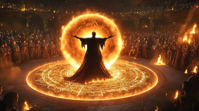 Powerful sorcerer performs ritual in ancient arena surrounded by awe-struck crowd during a fiery spectacle