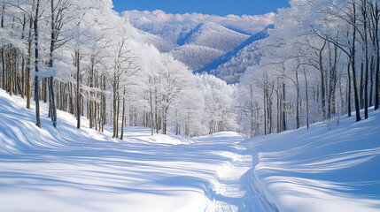Obraz premium Snowy Winter Landscape: Forest Path to Majestic Mountains