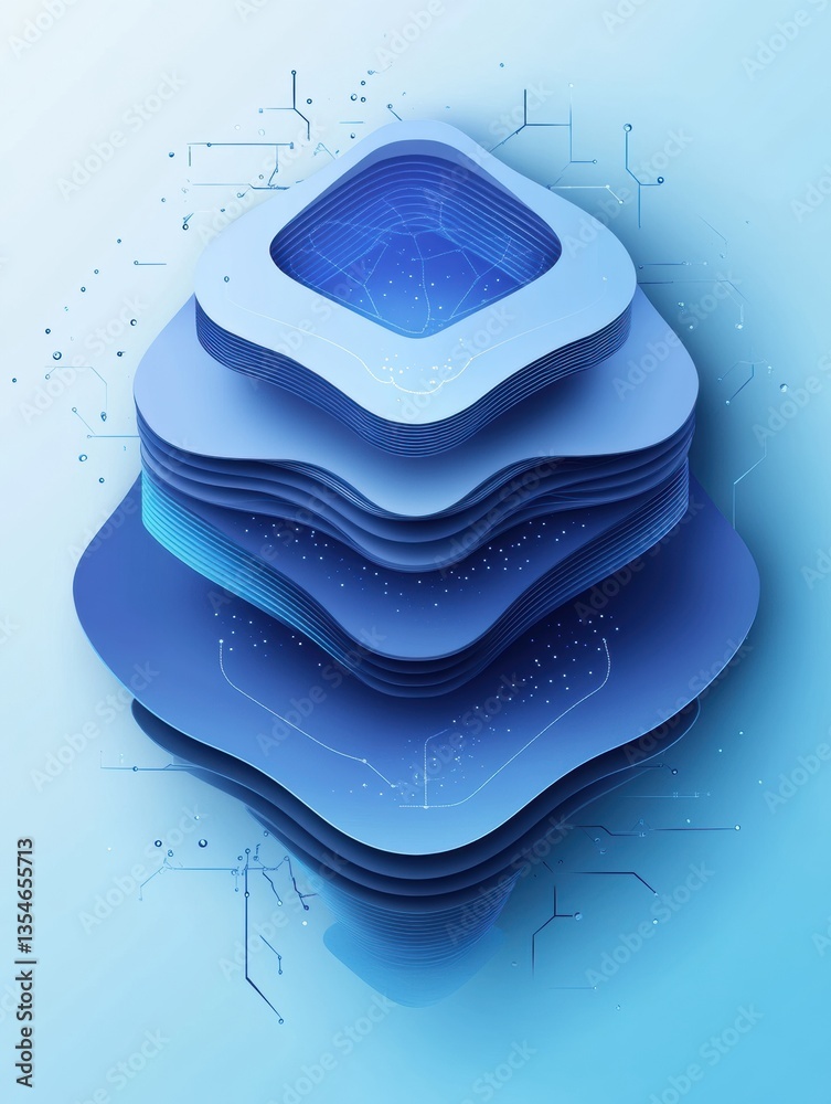 Poster Futuristic digital network concept in layered paper cut style with glowing blue gradients and interconnected nodes highlights modern high-tech design