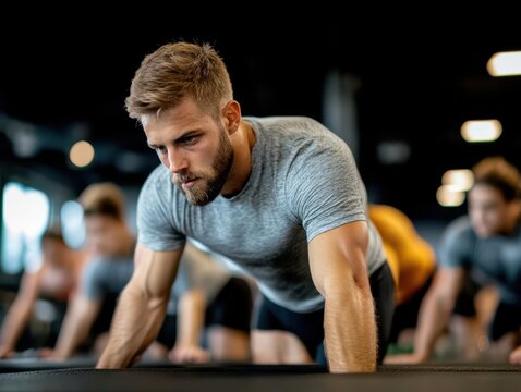 Young Mans Intense Push Up Routine Muscular Upper Body In Gray Shirt, Black Shorts, Short Beard, Exercising Under Dim Light For Powerful Gym Workout - Powered by Adobe