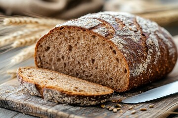An artisan loaf of bread on cutting board. Healthy delicious food concept