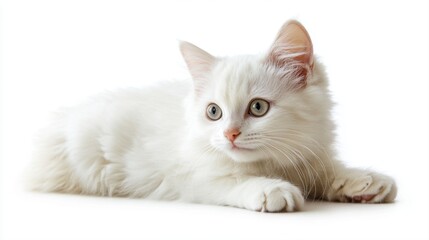 Obraz premium Adorable fluffy white kitten with bright blue eyes relaxing on a clean white background looking curiously to the side