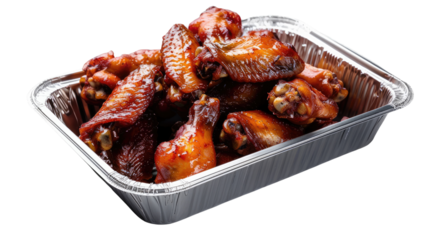 Succulent Chicken Wings: A mouthwatering display of perfectly cooked chicken wings, glistening with savory glaze, presented in a silver tray.