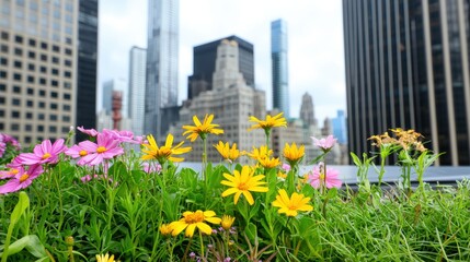 Colorful flowers bloom on a rooftop garden, contrasting with the modern skyscrapers of the city skyline in the background.