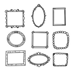 Outline doodle pictures frame set. Simple graphic photo frame. 
