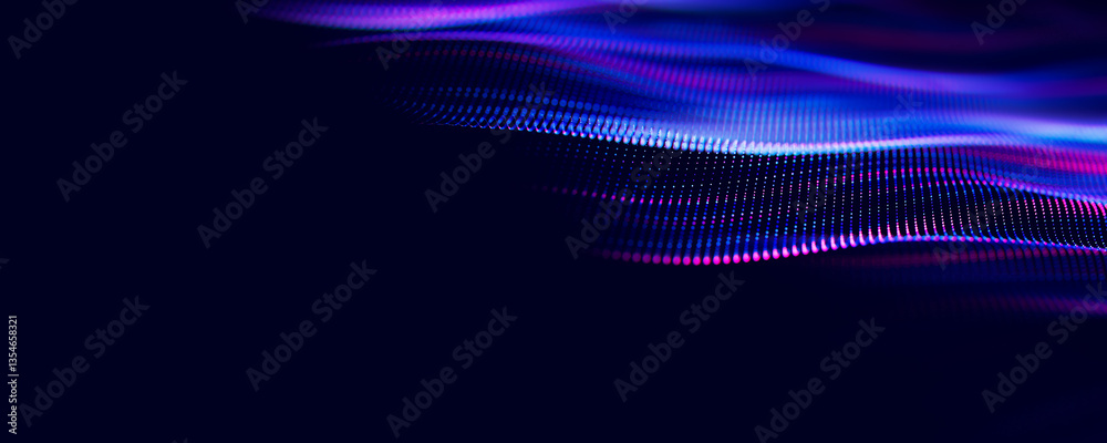 Poster Abstract wave of particles. Big data digital flow concept. LLM learning process, AI technology. Quantum computing. 3d render illustration with place for text