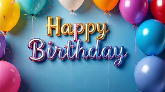 Happy birthday text in elegant 3D lettering with floating balloons in the background. 