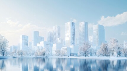 Fototapeta premium Serene Winter Cityscape Reflection in a Tranquil Lake Under a Clear Blue Sky with Modern Skyscrapers