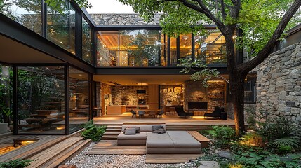 Obraz premium Modern Stone House with Indoor Outdoor Living Space Patio and Lush Landscaping at Dusk