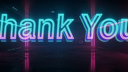 Neon Thank You Text Animation Glowing in Dark Cyberpunk Scene - Powered by Adobe