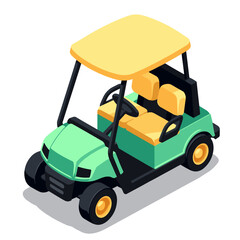 Isometric view of a colorful golf cart with two seats on a white background