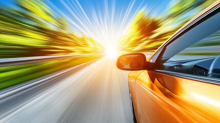 Obraz premium Fast orange car speeding on highway at sunset.