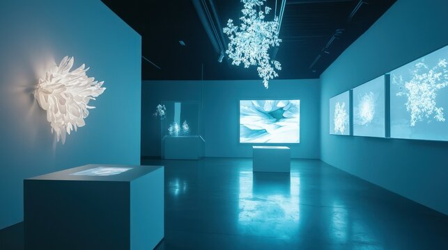 A contemporary art gallery showcasing avant-garde installations, dynamic lighting, and interactive digital art pieces that invite viewer engagement.