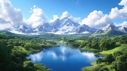 Fototapeta premium Scenic mountain landscape with a serene lake. Lush green valleys meet snow-capped peaks under a vibrant blue sky