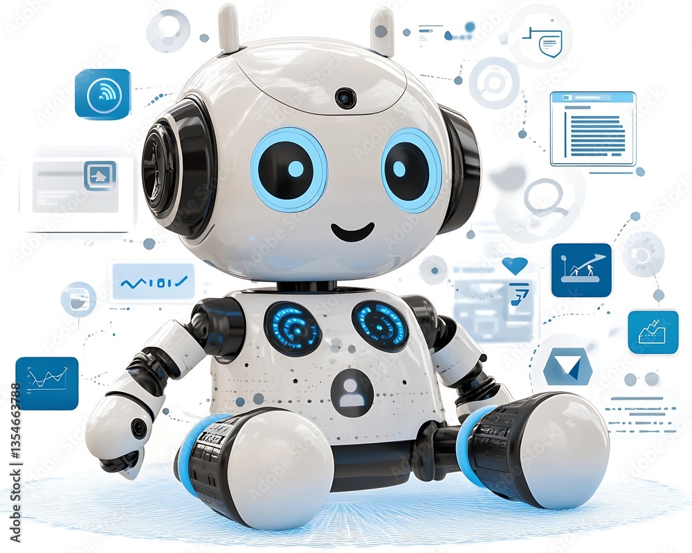 Aufkleber a smiling friendly robot interacting with informational icons and graphics