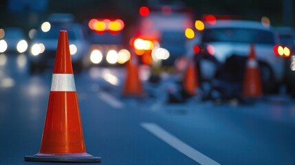 Night Traffic Accident Scene with a Cone in Focus