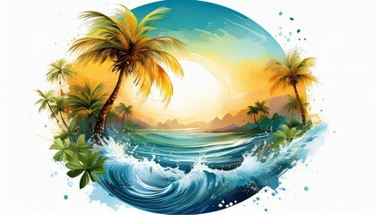 beautiful palms banner with palm trees and ocean waves and water splashes; exotic travel to tropics template