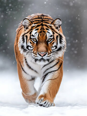 Majestic tiger walking towards camera in snowy winter scene (1)