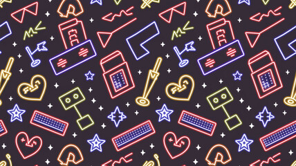 Vibrant neon-colored shapes and symbols pattern on dark background, showcasing a playful, energetic design aesthetic suitable for various applications