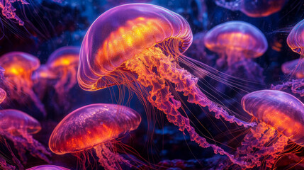 Obraz premium Beautiful glowing jellyfish moving through the water neon lights. deep ocean waters with soft focus