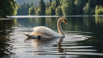 Graceful white swans swim calmly on the lake, their reflections mirroring nature's beauty