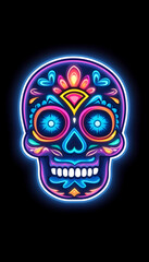 Neon sugar skull with vibrant colors and intricate details on a black background