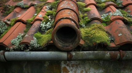 Weathered terracotta roof tiles with moss and a drainpipe.