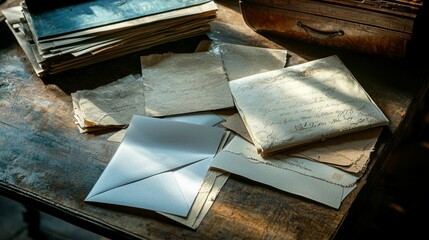 A creative composition of personalized, hand-stamped paper stationery and envelopes on a vintage desk, lit by gentle, natural window light.