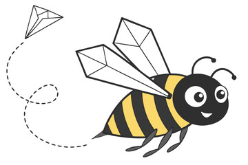 8 Paper craft bee, origami insect, black and yellow striped body, geometric shapes, large googly eyes, simple wing design, minimalist art, white background, creative DIY, children's craft project, mac