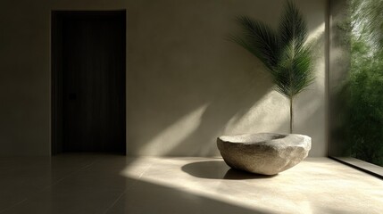 Modern minimalist interior design with natural stone bowl and tropical plant.  Sunlight streams through a large window