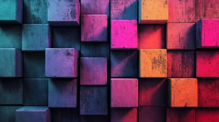 Vibrant abstract background of dark concrete blocks with colorful gradient lighting and textured surface