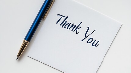 Simple thank you note.  A handwritten thank you note on a white card, next to a pen