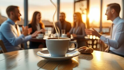 Coffee Cup On Table In Cafe At Sunset With People Networking In Background. Warm Ambience With Soft Lighting, Capturing Moments Of Connection And Relaxation In A Cozy Setting.