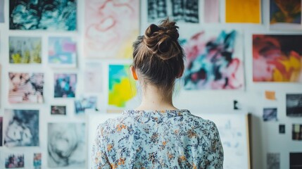 Female artist observing diverse artworks in creative studio