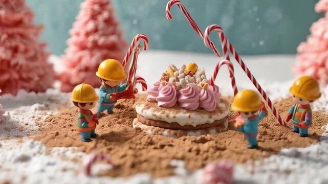 "A tiny dessert construction crew uses candy cane cranes to lift layers of tiramisu, while cocoa powder is dusted like snowfall over the masterpiece."
