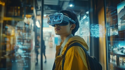 Young Person Exploring Augmented Reality Virtually with High-Tech Headset in Urban Setting