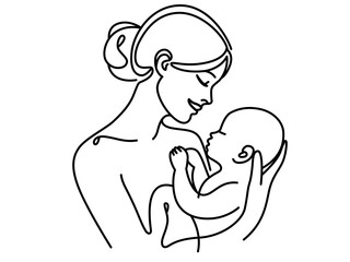 Minimalist Mother's Day vector illustration. Happy mothers day mom and child love greeting design. Young mom hugging baby. Background hand drawn mother with baby. Woman and baby line art vector logo
