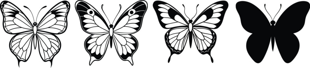 butterfly flying. silhouette vector butterfly set. liner art butterfly. Vector illustration of butterfly on white background. There are two versions, black shape and liner art.