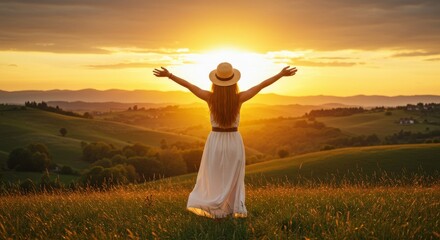 Woman enjoys the sunset with arms outstretched in a beautiful landscape scene