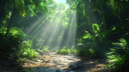 Obraz premium Sunlight streams through lush jungle creek. Possible stock photo use