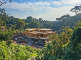 Construction site nestled among lush greenery, showcasing harmony between sustainable materials and natural surroundings.