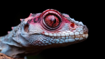 Fototapeta premium Close-up of a colorful lizard's head. Detailed view of its intricate scales, vibrant red eyes, and unique skin patterns